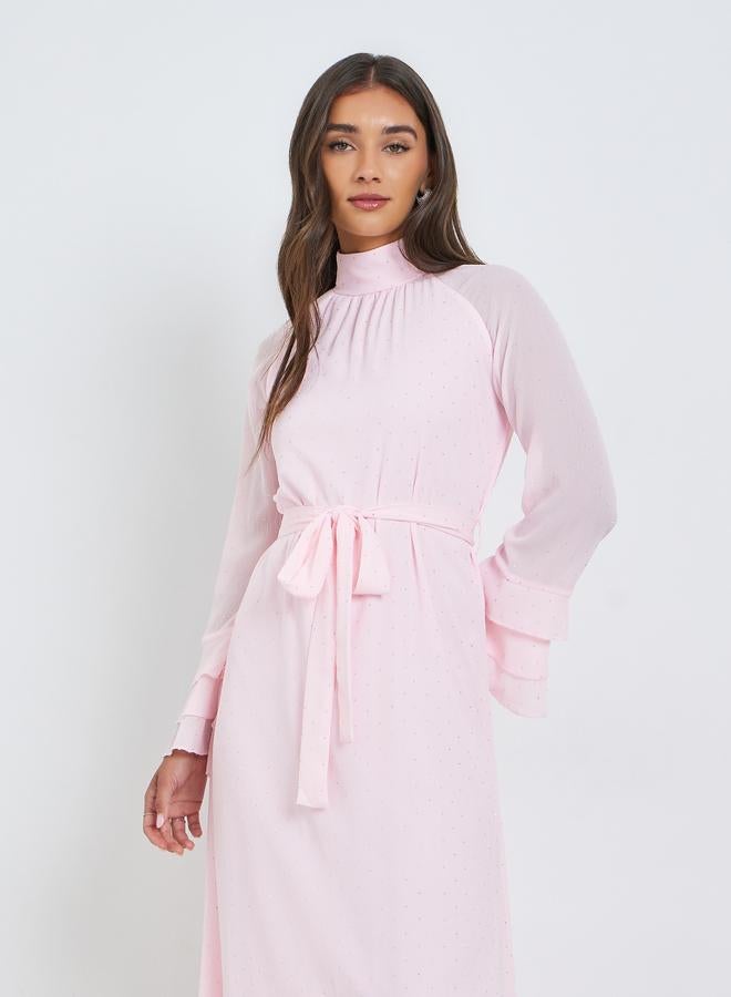 ستايلي فستان طويل بأكمام كشكش وردي - Image 1